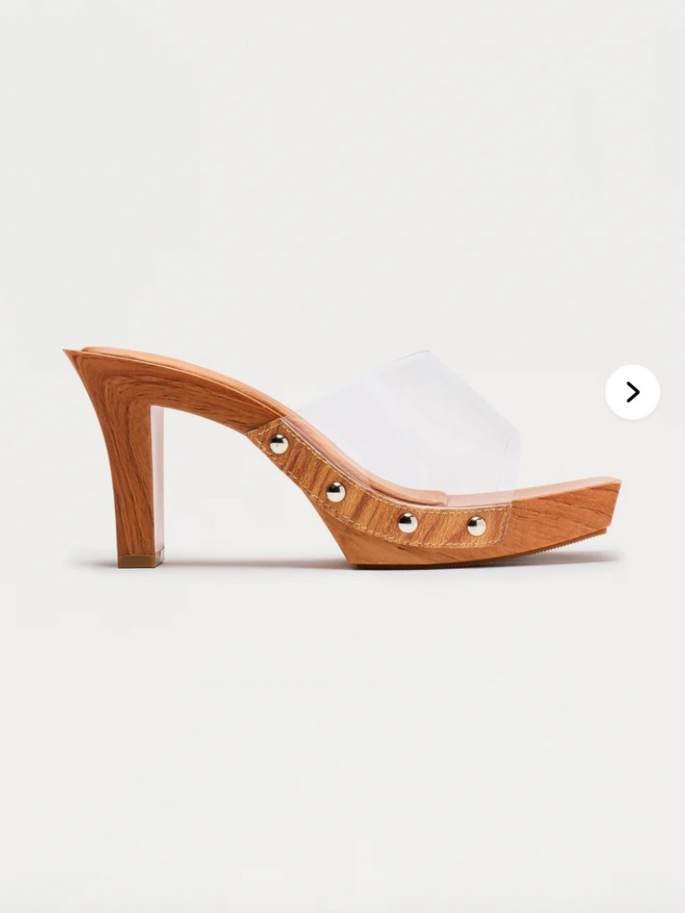 Clear Strap Tan Wood-Effect Mule Heels